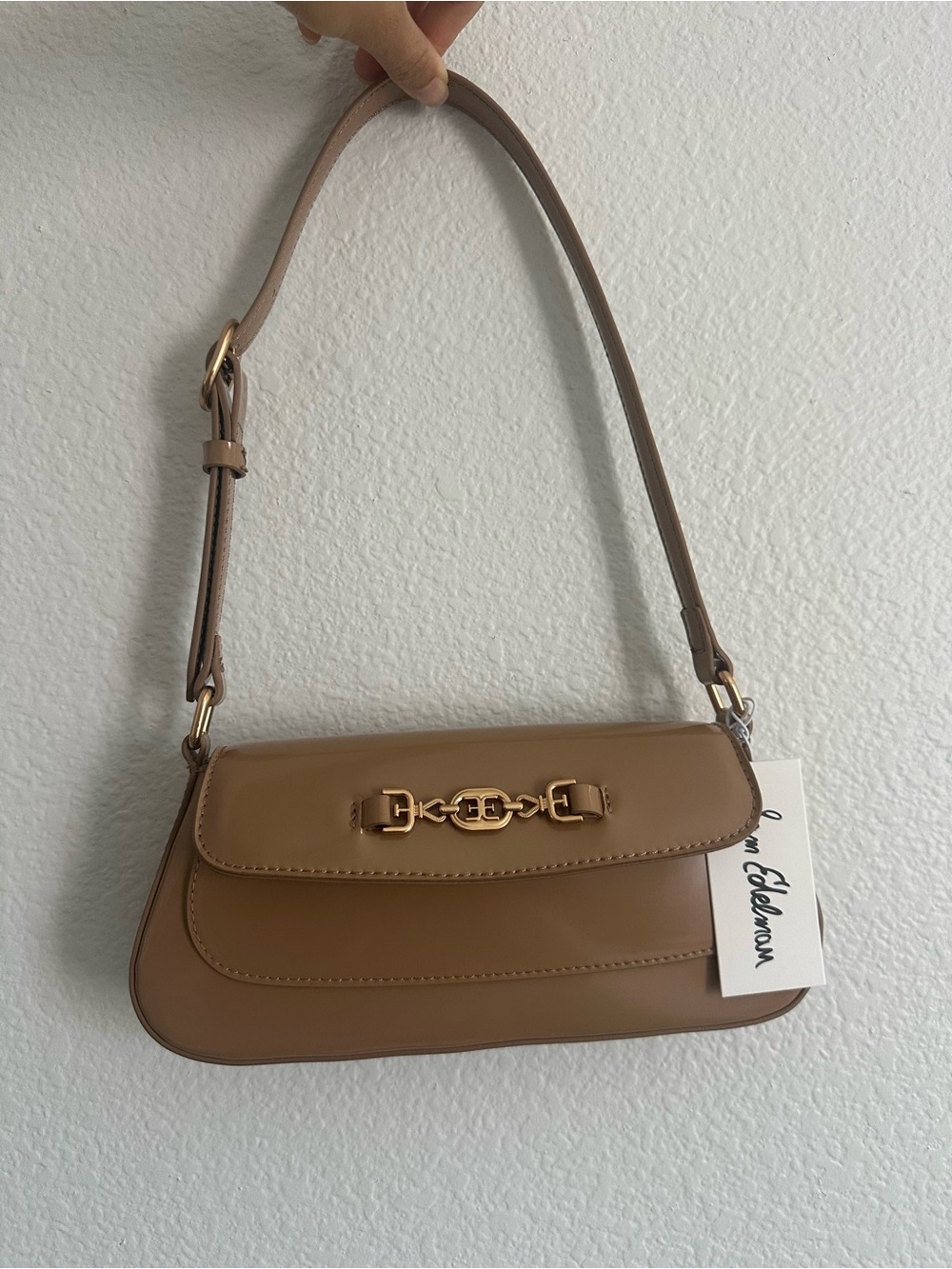 Sam Edelman Small Loraine Taupe/Tan Leather Shoulder Bag Purse Handbag Gold